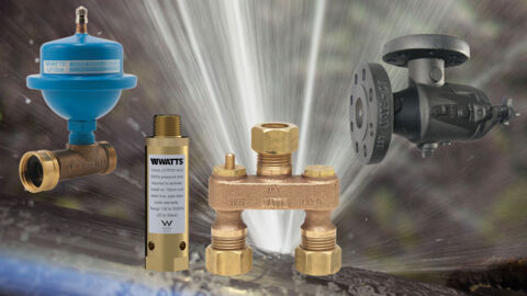 Water spraying from pipe leak in background with product images in the foreground for water hammer arrestors, Anti-Sweat valves, and suction diffusers.