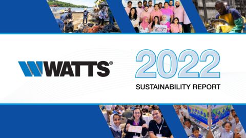 Front cover for Watts Sustainability Report 2023 - featuring collage of multiple employee images around border with 2022 Sustainability Report title in white.